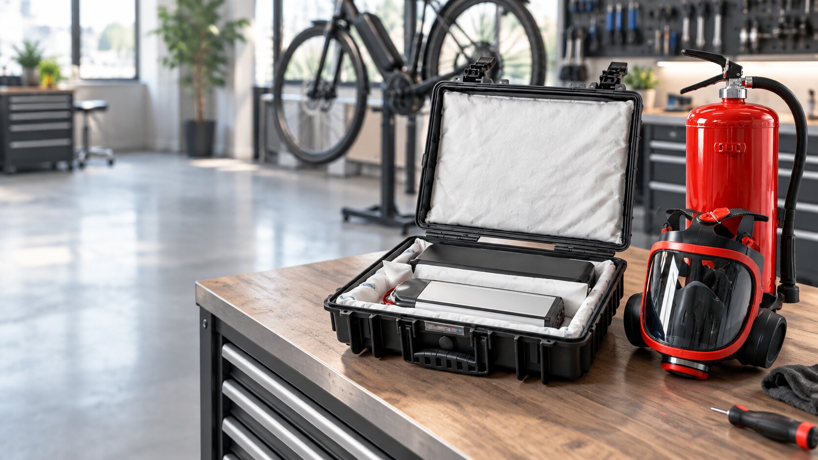 Workshop with an e-bike on a repair stand, an open safety case, an intervention mask and a fire extinguisher on the workbench