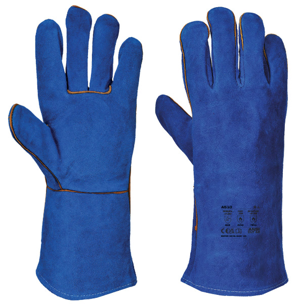 Blaue lederne hitzebeständige Schutzhandschuhe mit langer Stulpe