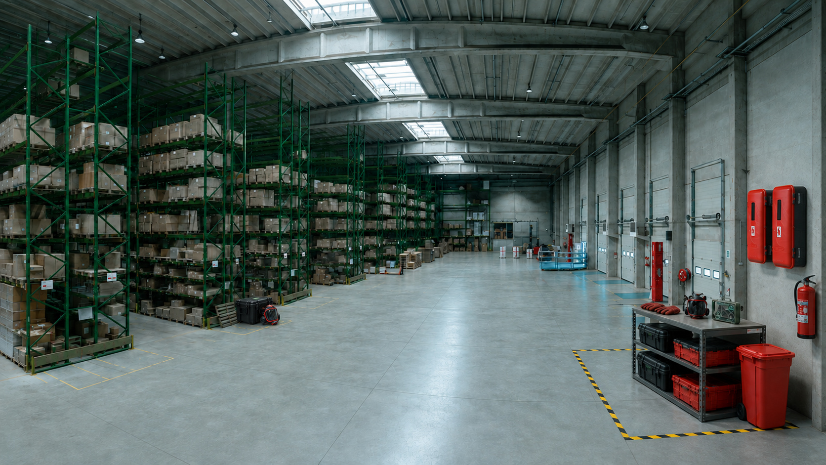 Warehouse racking, a fire safety corner with extinguisher cabinets and personal protective equipment, and a marked floor zone