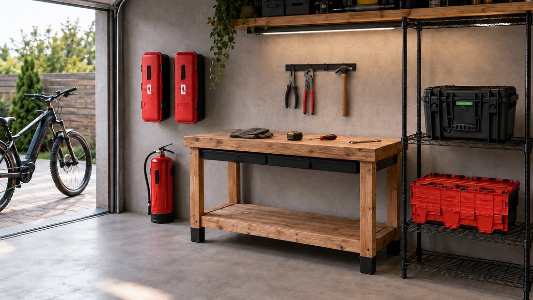 Home bike shed with a closed battery safety case, fire extinguisher and e-bike