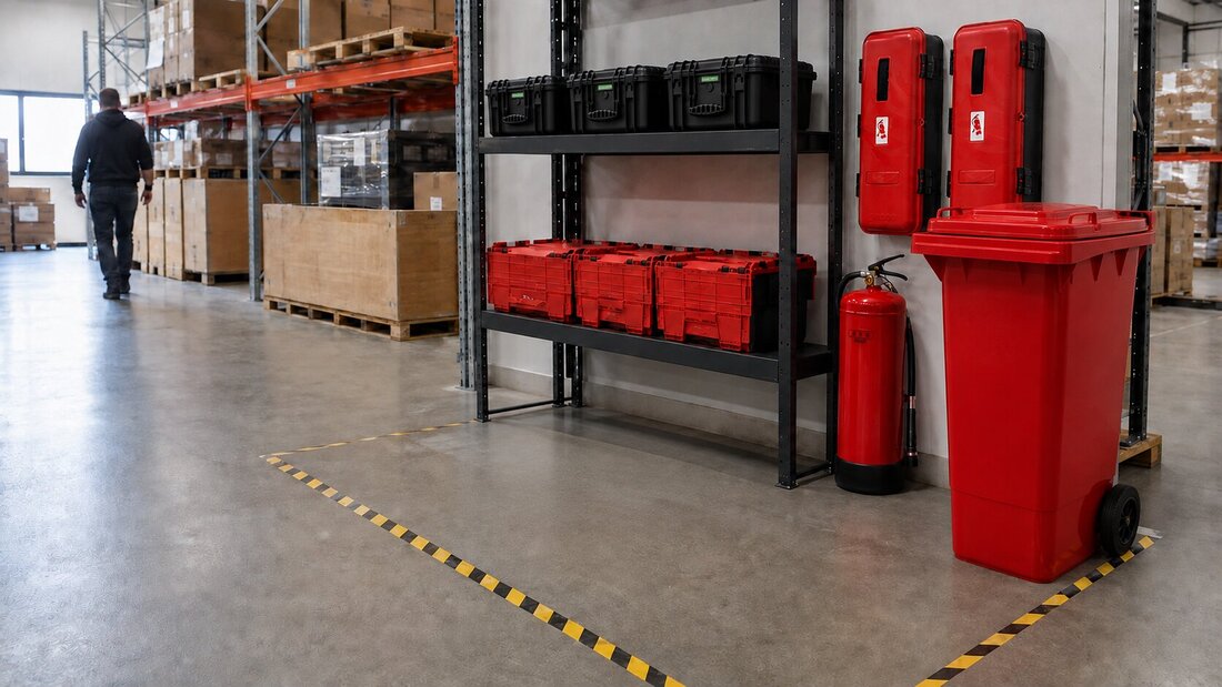 Warehouse racking with battery safety cases, charging lockers and a fire extinguisher, with a marked floor zone