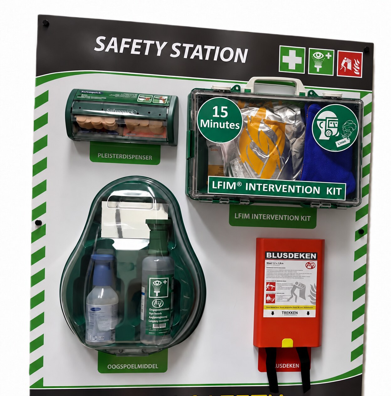 Safety Station wandbord met pleisterdispenser, oogspoelmiddel, LFIM Intervention Kit en blusdeken