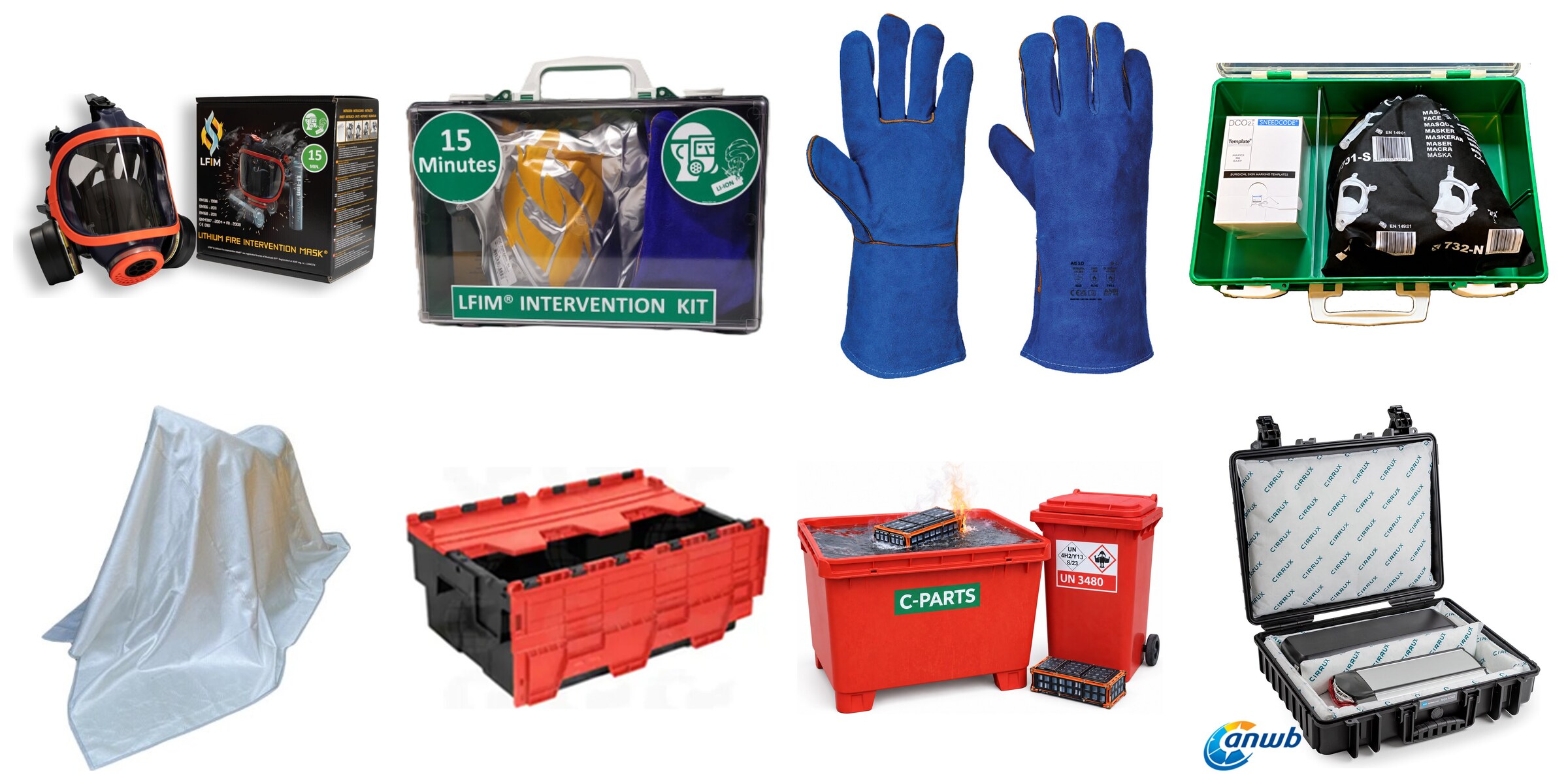Totaalpakket: LFIM-wandkoffer met LFIM-masker, warmtehandschoenen, trainingsbox set, brandwerende deken 1,2 x 1,2 m, noodblusser in fles, verzamel-, opslag- en verzendbox, dompelbak klein 80 liter, dompelbak groot 140 liter, veiligheidskoffer met Cirrux-kussens