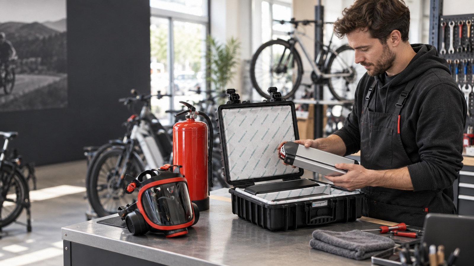 Monteur legt een e-bike accu in een open veiligheidskoffer op de werkbank, naast een brandblusser en een interventiemasker